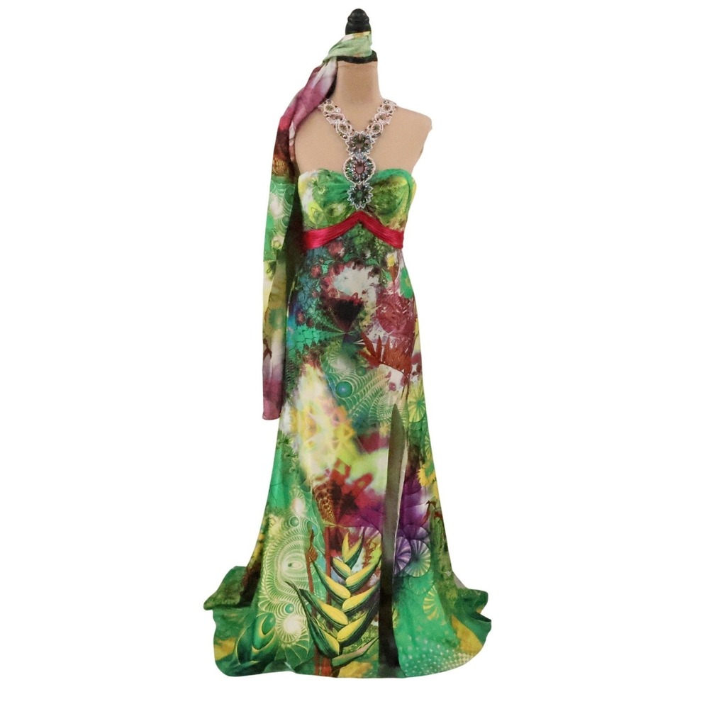 Alyce Designs Beaded Halter Maxi Gown Size 6 Scarf Wrap Topical Flower Y2K 2010s
